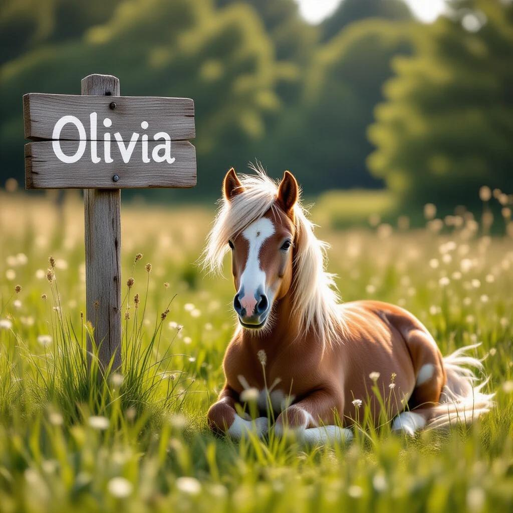 Photorealistic image of a pony lying in a meadow. A wooden sign nearby reads Olivia. Focus on the pony's soft fur and serene environment. Use warm, inviting colors. Capture during golden hour.