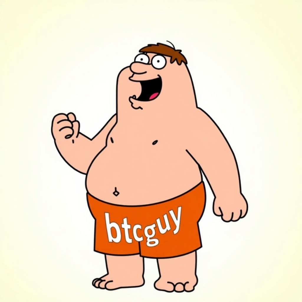 The image shows a character from Family Guy. Character is wearing orange shorts with the text 'btcguy'. He has a happy and excited expression. Style is cartoonish and vibrant.