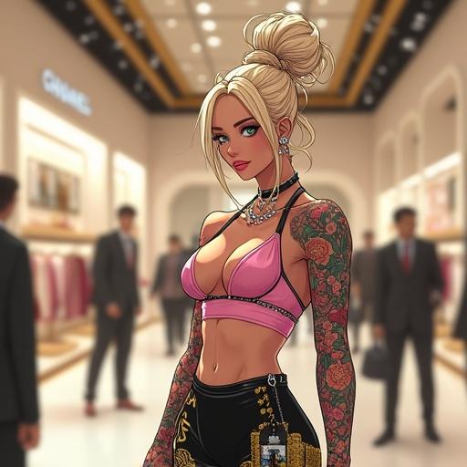 Anime style character depiction. Woman aged 59 years old. Emerald green eyes. Beautiful face with oversized light blonde French bun. Dressed in elegant light pink diamond jewelry. Set in a futuristic Chanel store. Features include half Japanese half Saiyan heritage. Height 6'1. Big breasts and muscular arms. Six pack abs shown. Light pink lipstick and flamboyant nails. White eyeshadow present. Piercings with double belly button ring visible. Traditional Japanese tattoos adorned. Dressed in edgy Chanel streetwear. Shopping theme during noon in a cherry blossom village.