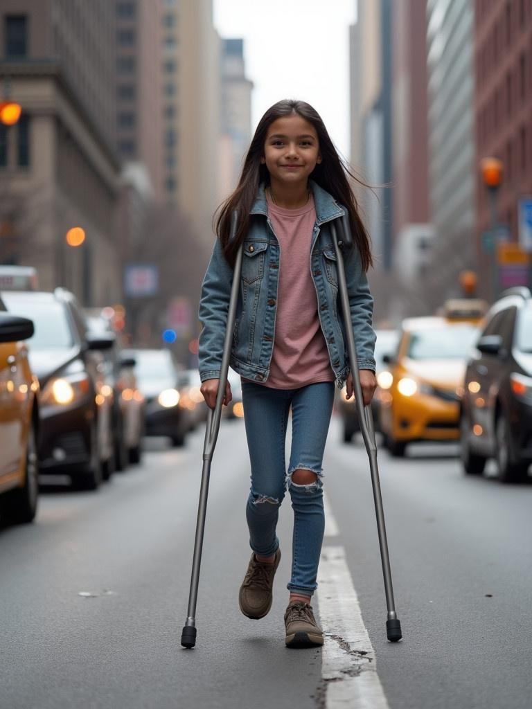 Young girl walks with crutches in urban New York City. She shows determination. The scene includes busy cars and tall buildings.