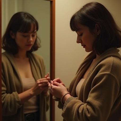 Woman adjusts gold bracelet in front of mirror. Reflection shows her tired eyes. Loose cardigan drapes around her shoulders. She traces the bracelet, lingering on it. Scene captures quiet anticipation before leaving home.