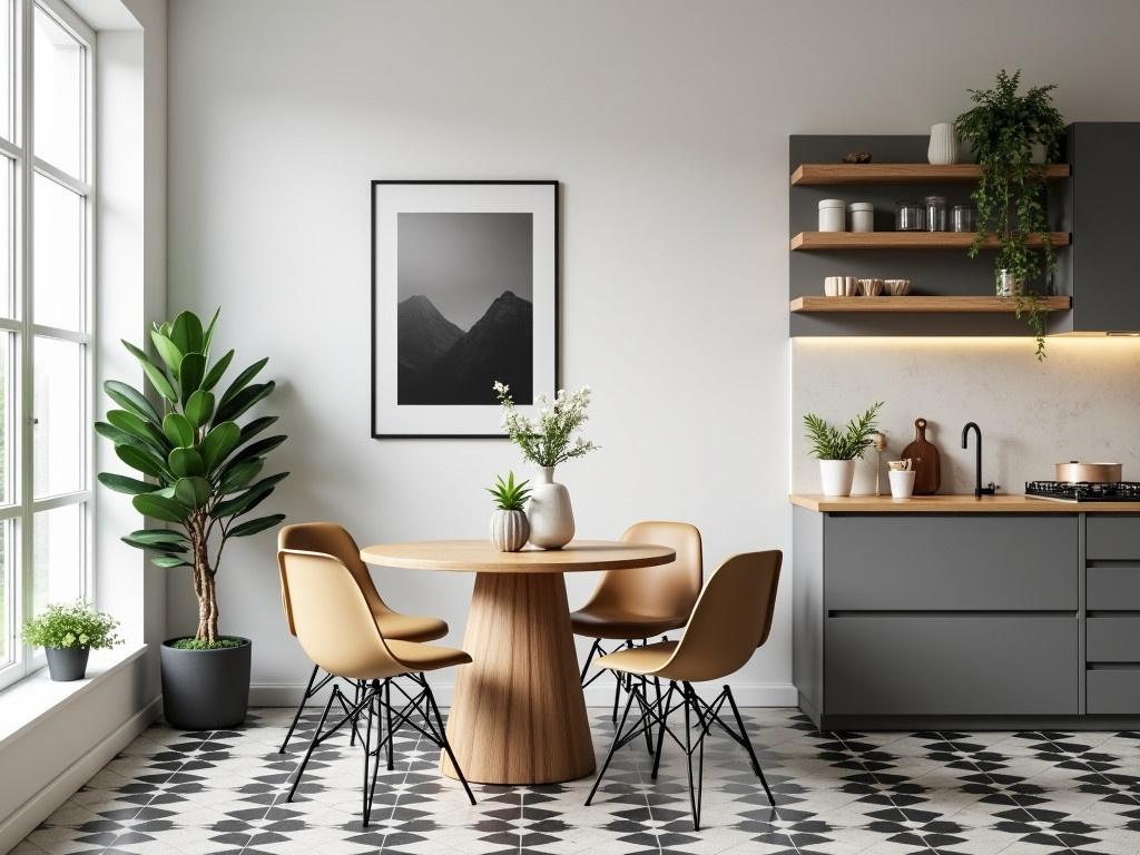 This image features a modern and minimalistic kitchen-dining area. There is a round wooden table surrounded by four stylish chairs, providing a cozy place for meals. A large houseplant stands beside the table, adding a touch of greenery. On the wall, there's a framed black and white photograph that enhances the aesthetic of the space. The kitchen area has sleek cabinetry with a contrasting light wooden countertop and a black and white checkered floor. Shelves mounted above the counter display various kitchen items and plants, giving the room a warm and inviting feel.