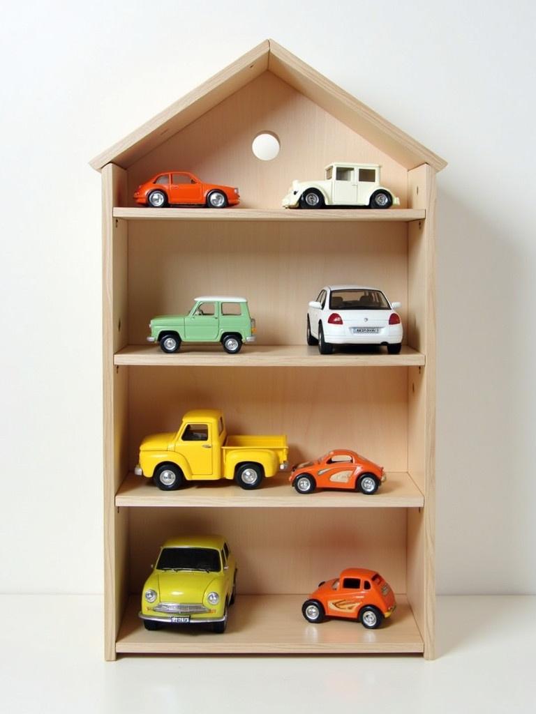 Wooden shelf designed like a garage. Holds various sized toy vehicles. Safe for children. Made from non-toxic materials. Colorful and appealing to kids. Include simple assembly visuals.