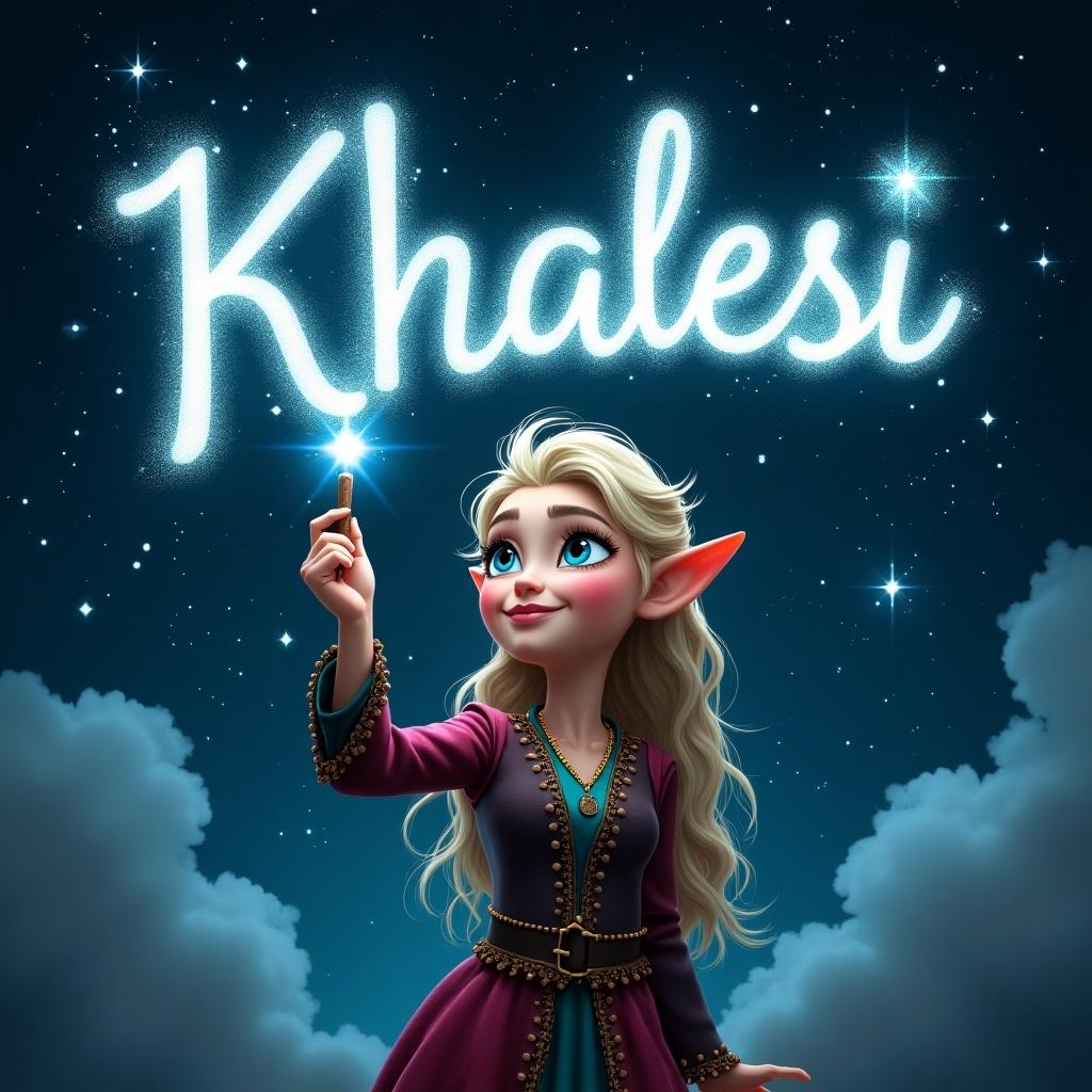 Elf holds a magical wand. Writes name Khaleesi in sparkling letters. Background shows starry night sky. Dark clouds enhance luminous text. Elf wears colorful clothing. Creates whimsical atmosphere.