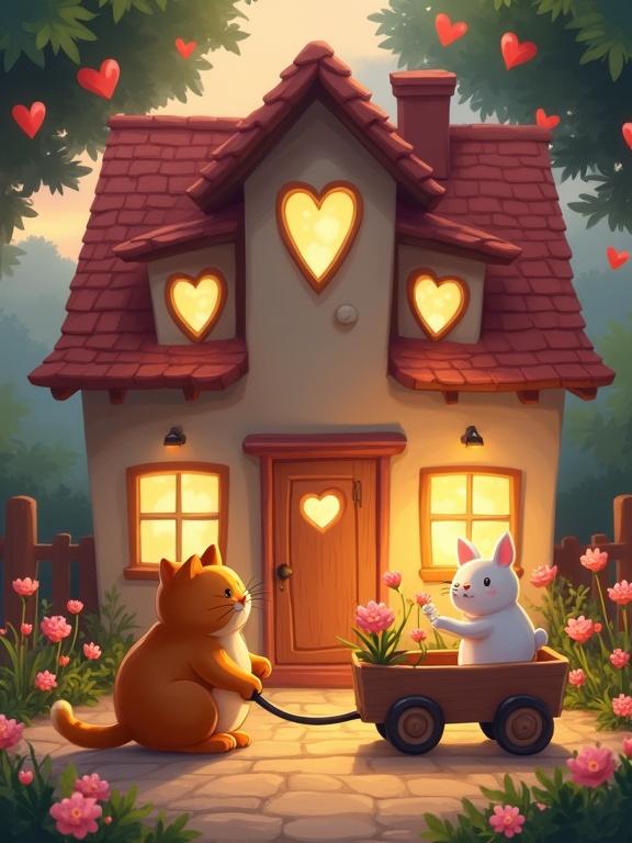Cartoon house with heart-shaped windows. Fat cat drags a cart with bunny inside towards the house. Romantic flowers surround the door. Evening light creates a warm tone. Represents cartoon art in 4K.