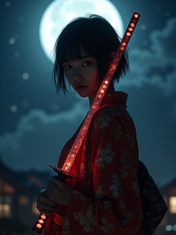 Low angle view from below of an 18-year-old female teenager with black hair. She looks at the viewer with sharp eyes and a beaten-up face. She holds a luminescent samurai katana while wearing a glorious kimono. The scene is set in a very dark night with a dimly lit full moon in the background.