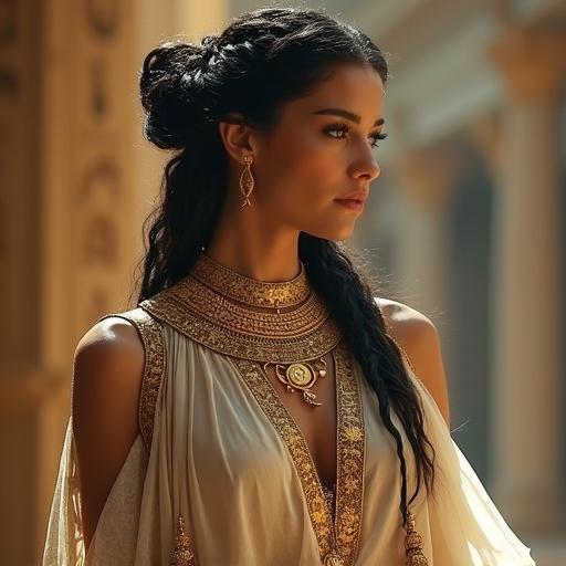 Ishtar is a breathtaking beauty. She is the Mesopotamian goddess of love and war. The goddess has black hair styled in an intricate braided updo. Delicate golden ornaments shimmer within her hair. She wears a flowing semi-transparent robe embroidered with golden lions and stars. Her skin is smooth and glowing. Her eyes hold profound wisdom. Lion-shaped pauldrons rest on her shoulders. A gentle halo of light surrounds her.
