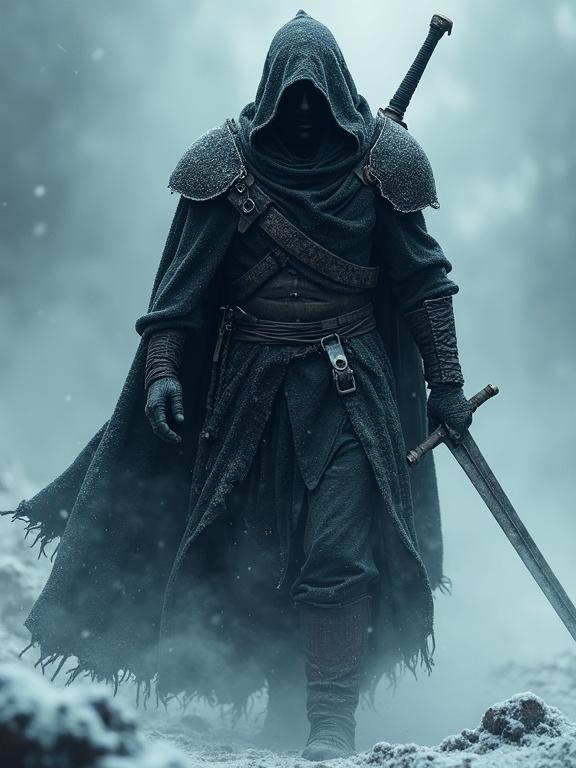 Hyper-realistic dark fantasy warrior emerges from misty snow-covered battlefield. Tattered black robes and shadowed face. Detailed armor shows battle scars. Holds curved sword with frost. Longer sword on back. Background swirls with snow and shadow, ominous atmosphere. Dim lighting highlights cloak folds and blade glint. Tone is grim and cinematic.