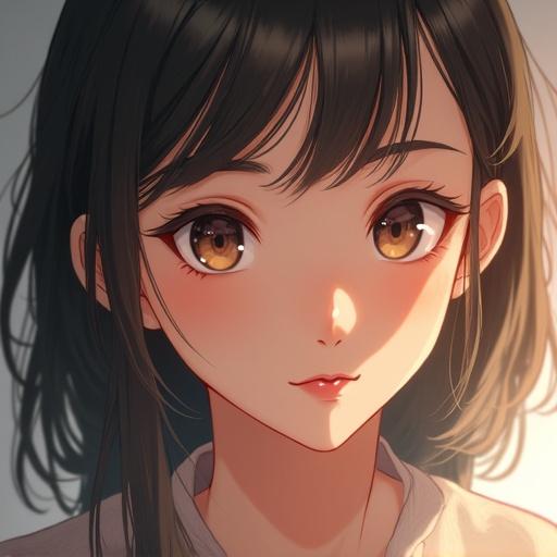 Portrait of a young woman in a semi-realistic style. Realistic skin texture and lighting. Expressive oversized eyes with glow. Clean facial features. Smooth stylized hair with visible strands. Realistic shading with some stylization. Softly blurred background. Natural but saturated color palette. Calm and confident expression.