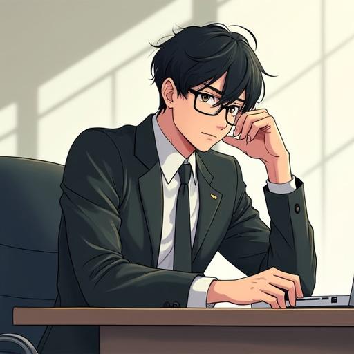 Illustration featuring a cute young man as a psychologist sitting behind a desk. He is leaning back, appears aloof, with black hair in a dynamic office setting.