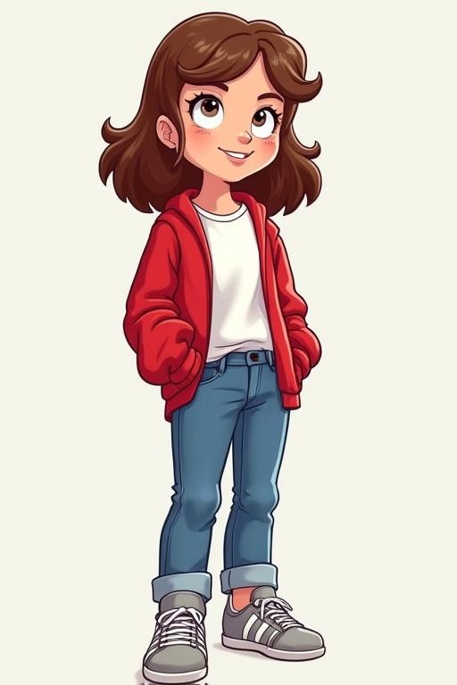 Cartoon girl character designed in Family Guy style. Features a white shirt and red sweater. Wears oversized grey jeans and Samba Adidas shoes. Styled smile adds charm.