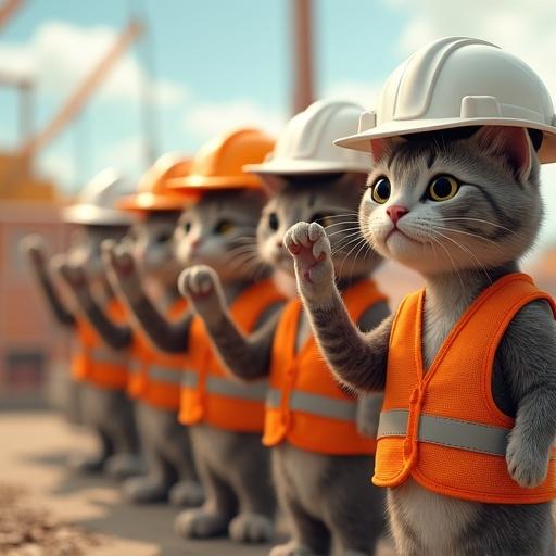 Cats wearing hard hats and safety vests perform safety confirmation poses at a construction site. Each has a unique expression. A comic yet professional workplace vibe prevails.