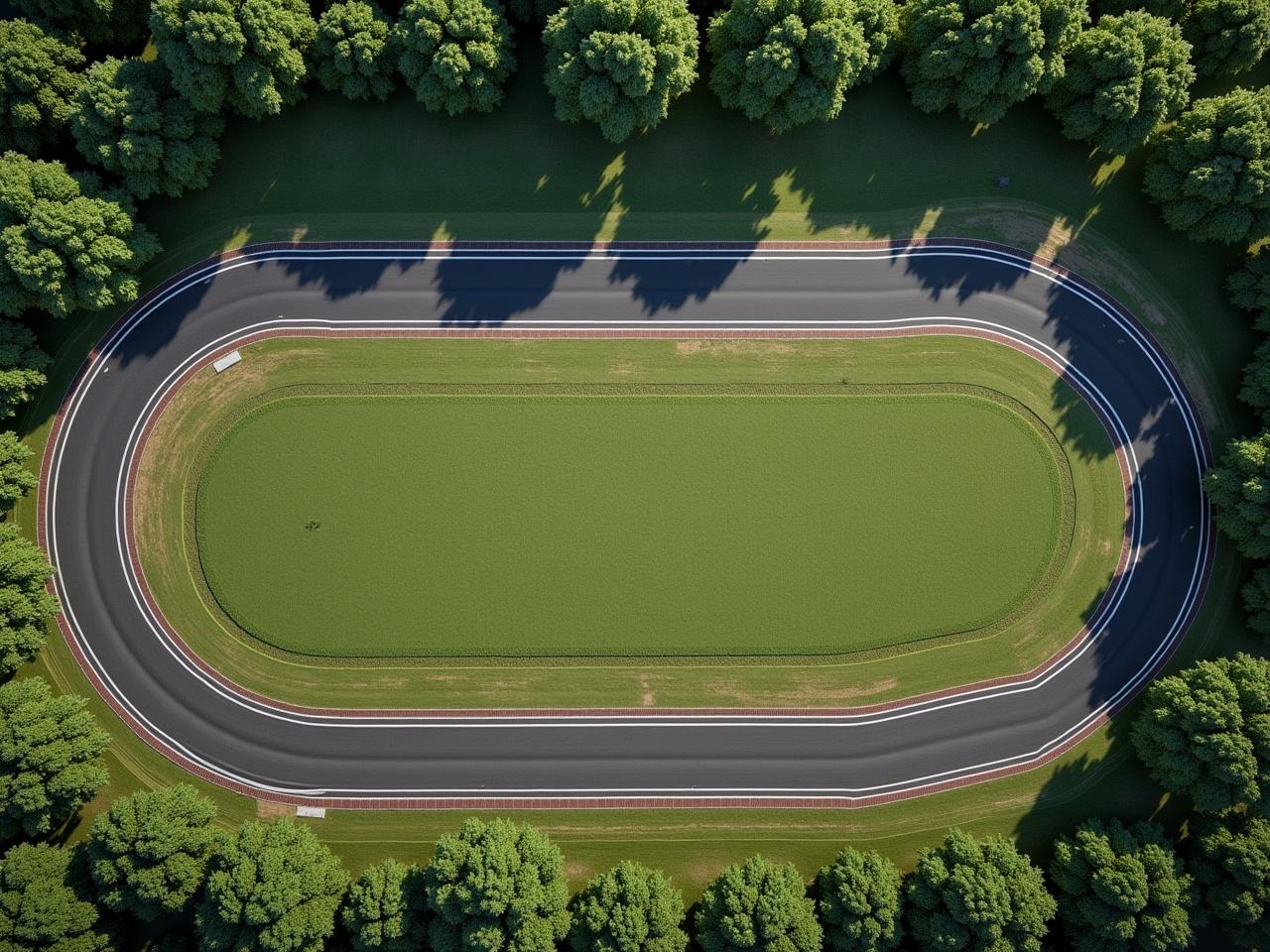 This image showcases a top-down view of a racing track designed like a professional circuit. The track is surrounded by lush green grass and dense trees, emphasizing a harmonious blend of nature and sport. The layout and contours of the road are clearly visible, showcasing the intricacies of the circuit. The natural daylight enhances the colors of the grass and the asphalt, creating a striking contrast. This perspective highlights the overall design, making it an appealing visual for racing enthusiasts.