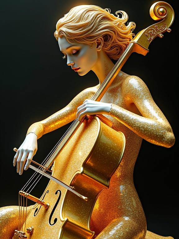 A surreal golden figure of a woman plays an ornate cello. The body has intricate swirling patterns. Hair flows with golden curls. Skin shimmers and fragments into glowing particles. The cello resembles glass with gold inlay. Background is deep and dark to emphasize the subject's glow.