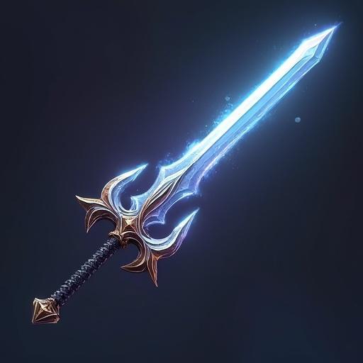 A detailed glowing sword designed for a fantasy ARPG game. Icon representation for a combat skill. The blade shines in blue and white hues. Elegant hilt with ornate design. Suitable for game assets.