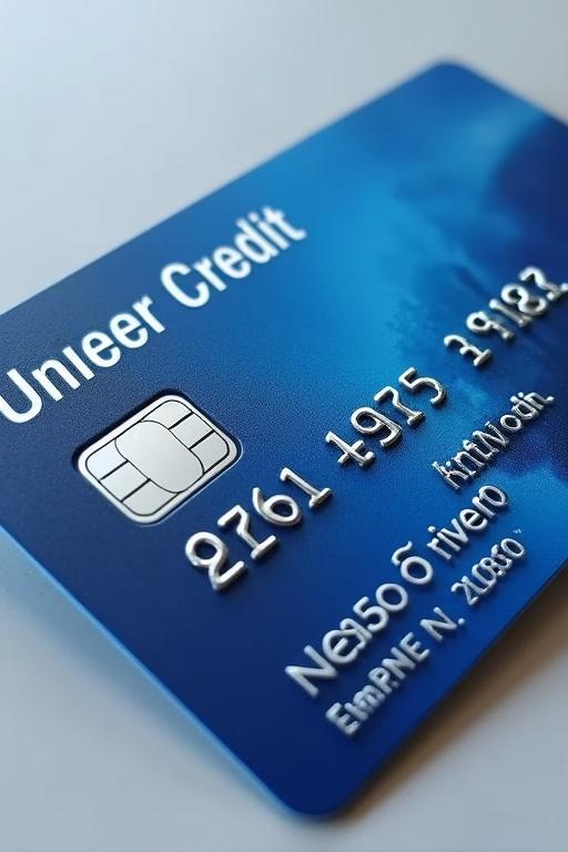Realistic image of a credit card with distinct details. The card shows the United Credit logo prominently. The card number is visible below the logo. The cardholder name is accurately aligned. Expiry date is noted at the bottom. Clean appearance with blue and silver background and bold black font. Name is Nelson rivero and last 4 digits are 2480.