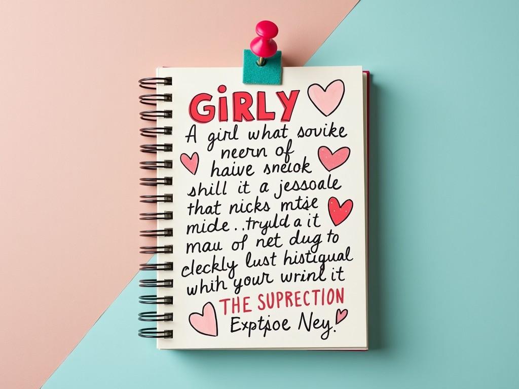 This image features a colorful notebook with handwritten notes on a pastel background. The words 'Girly' are illustrated with hearts, emphasizing a playful and feminine style. The page highlights an artistic representation of ideas related to being girly. The bright colors and whimsical design make it visually appealing. The overall composition invites viewers to consider creativity and self-expression.