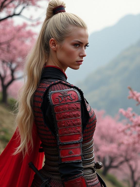 A portrait of a female samurai with a toned physique and long blonde hair styled in a topknot. She wears red and black armor with intricate designs. Background features cherry blossom trees and foggy hills. The perspective is high-angle with a low-key style.