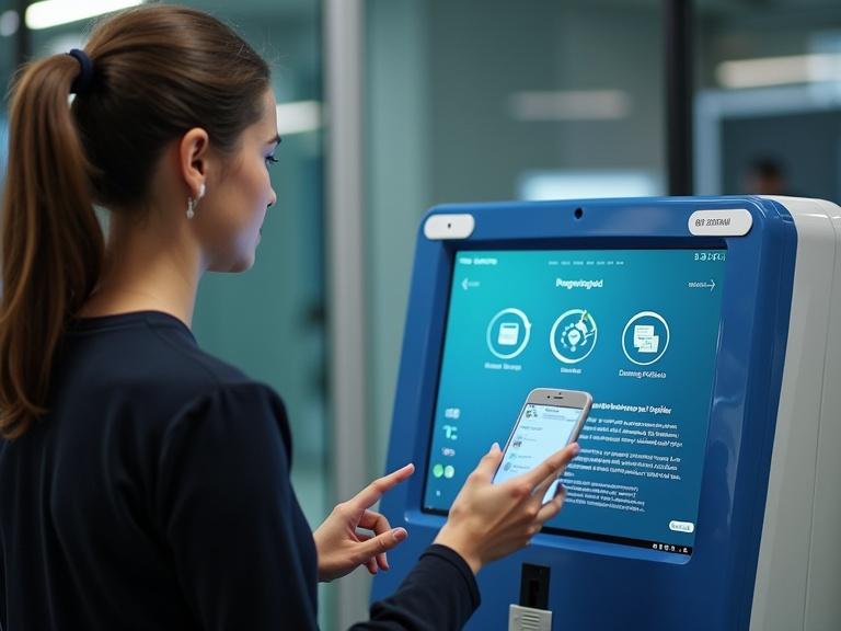 Person interacting with a digital kiosk. The user is engaged with the touchscreen interface displaying information. The environment is modern and tech-oriented. The interaction appears friendly and intuitive.