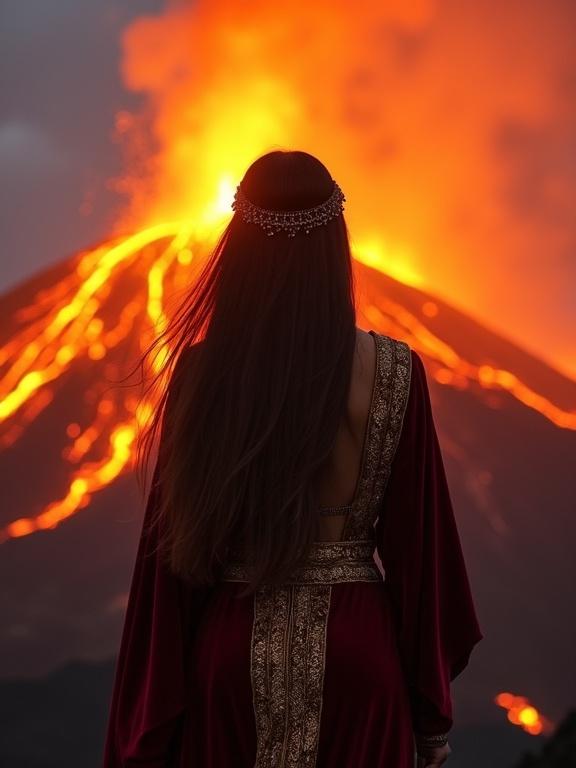 A Moroccan woman stands in front of an erupting volcano. She has long hair and wears a royal caftan with gold embroidery. Her silhouette is illuminated by lava. She gazes towards the volcano, creating a powerful scene.