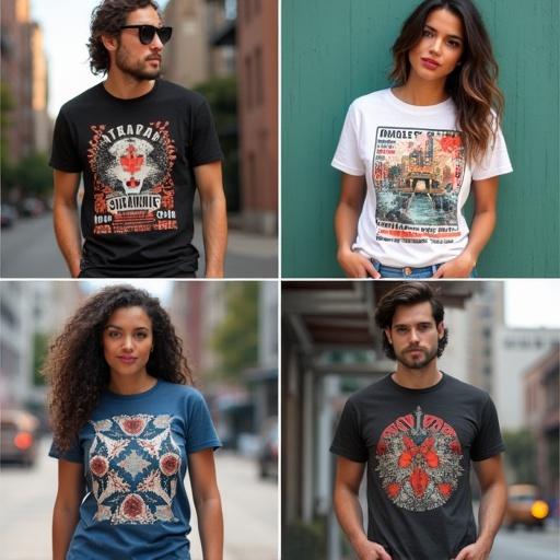 Grid of four lifestyle photos showing different custom printed t-shirts. Features vintage music festival poster, geometric art, floral pattern, abstract design. Models pose in an urban setting.