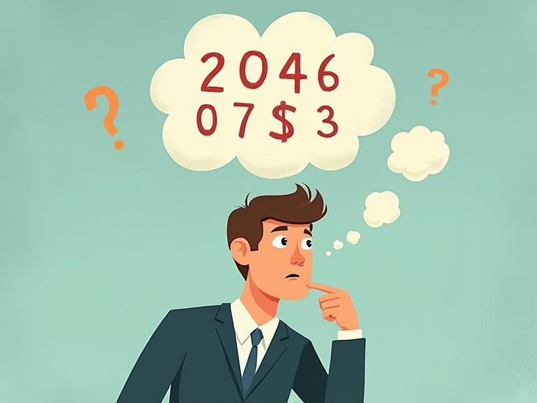 A cartoon depicts a businessman in a dark suit thinking about random concepts. A thought bubble shows random numbers like 2046 and 07$3. The background is light blue, conveying a calm thinking atmosphere.