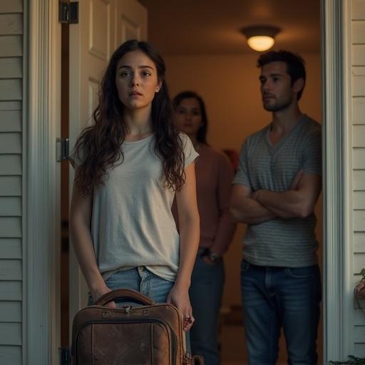Dramatic scene at a modest home front door. Daniela, 21 years old with long dark hair, stands shocked holding a suitcase. Mother crosses arms avoiding eye contact. Father stands serious in background. Brother casually eats an apple on stairs smiling. Emotional betrayal moment.