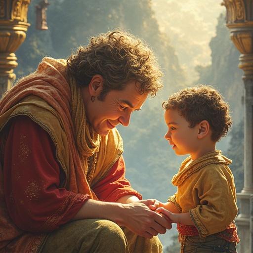 A warm and cozy scene. An adult man and a young boy holding hands. Joyful expressions. They appear to be in a fantastical setting with lush greenery and soft lighting.