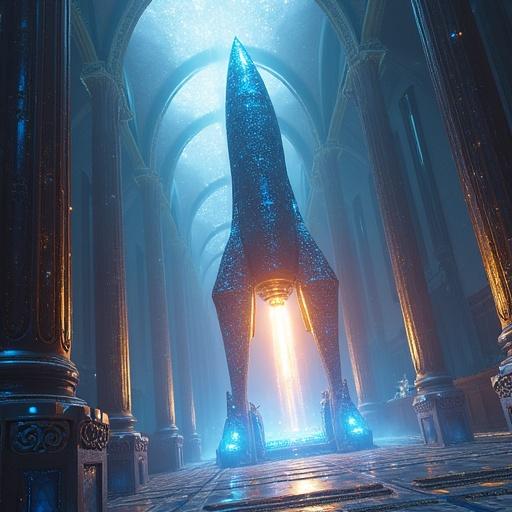 Rocket carved from crystal sits inside a floating cathedral. The art depicts a baroque sci-fi fantasy style. The rocket is illuminated by a divine overhead glow. Stained glass panels surround the scene, featuring gemstone engines and hues of sapphire and rose gold.