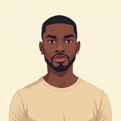 A flat 2D illustration of a Black male character in Grand Theft Auto style. Character has a clean haircut subtle facial hair and wears a plain t-shirt. The design uses smooth clean shapes with flat cel-shaded colors no bold outlines and soft edges. The background is minimal and light-colored.