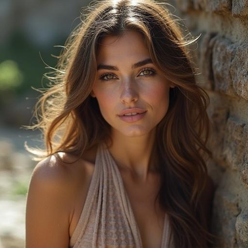A young woman with long brown hair and a warm smile poses against a stone wall in soft natural lighting. She wears a light-colored top and has a relaxed, approachable expression.
