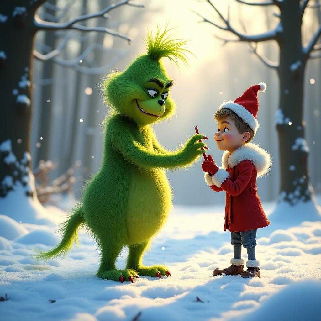 The Grinch character writes in snow during winter. Green character with a mischievous expression stands in snow. Trees in background. Sunlight adds warmth to winter scene.