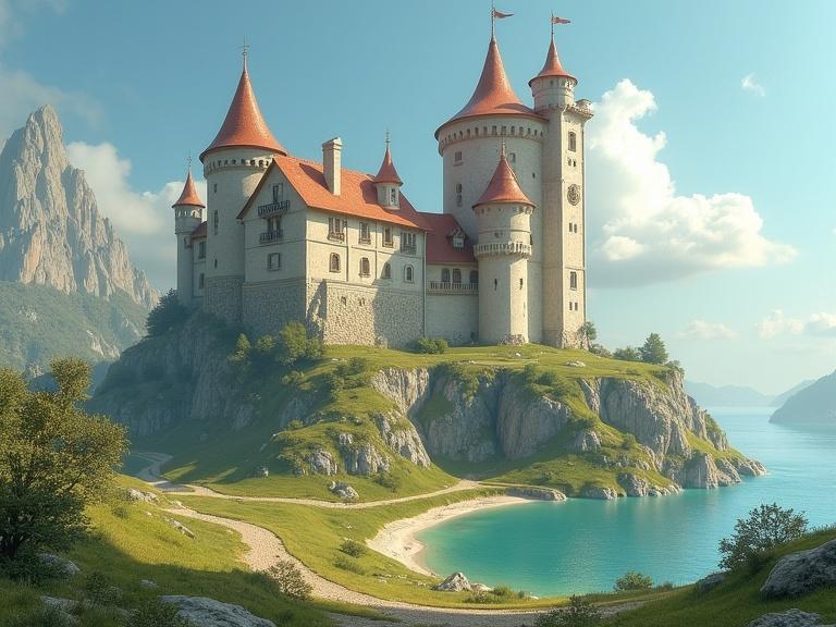 A castle resembling a female body on a hill by a lake surrounded by mountains