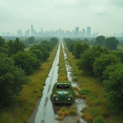 Realistic drone shot of a country road overgrown with plants and broken down cars. A skyline of a partly destroyed city is in the background. The day is cloudy.