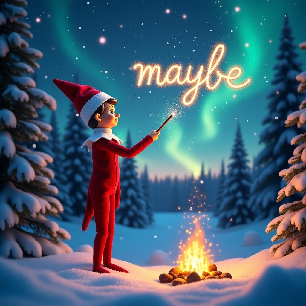 A traditional red elf on the shelf stands majestically in a snowy forest. Magic wand twinkles as it writes 'maybe' in glittering letters across the night sky. Air is filled with delicate, sparkling snowflakes. In the distance, horizon glows with northern lights in pink, purple, and turquoise. A small campfire crackles nearby, casting a warm, golden glow over snow-covered trees. My name is Noel.