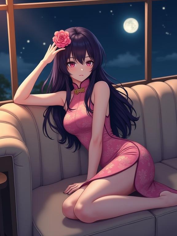 A beautiful sexy anime woman lies on a plush, tufted light black sofa in a retro coffee shop. She has long dark purple hair styled loosely. A pink rose is placed in her hair. The woman wears a sleeveless pink cheongsam with gold floral designs. One arm supports her head while the legs are slightly bent. A full moon shines through a window at night. Warm cinematic lighting creates a cozy atmosphere.