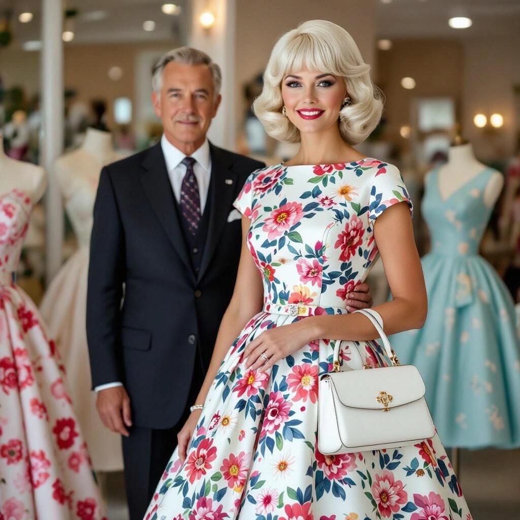 Portrait of a 1960s woman with platinum blonde hair in a floral dress beside an older man in a suit in an elegant dress boutique setting.