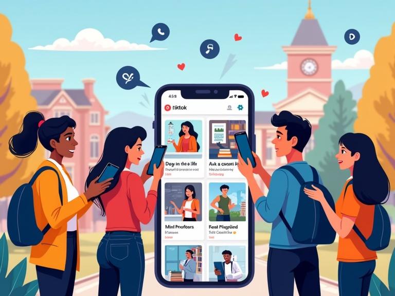 A vibrant illustration shows a university campus blending with TikTok content creation. Diverse students and faculty film educational videos using smartphones. One explains a science concept at a lab bench, another summarizes a book in a library corner, and a third gives a mini-campus tour. TikTok visual elements surround them. In the background, a smartphone shows a TikTok feed with educational thumbnails. The style is modern, colorful, slightly cartoonish. Dynamic lighting suggests energy and engagement.