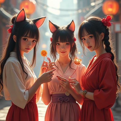 Three female cosplayers showcase unique outfits for a futuristic midsummer date. Each holds a happiness item and performs a different pose. A lucky black cat and ghost Q-taro are in the background. The scene is lively with dramatic lighting.