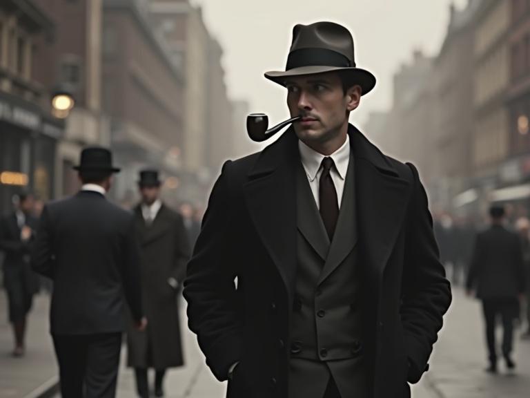 British detective in an overcoat walks down the streets of London in a vintage 1920s setting. Detective smokes a pipe while dressed in formal attire. The street features blurred figures in the background.