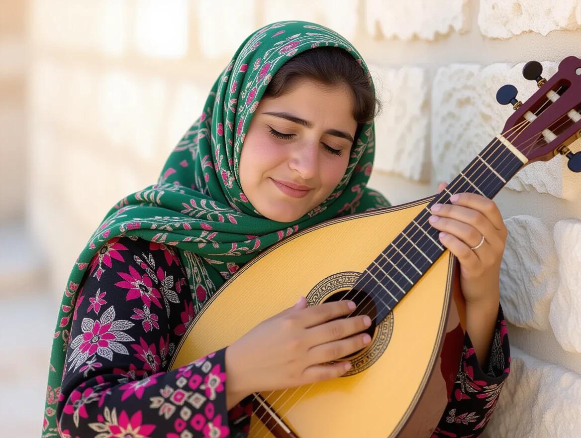 Palestinian woman plays the oud with closed eyes. She hugs the instrument gently. Natural light illuminates her surroundings. Camera focuses on her hands and instrument.