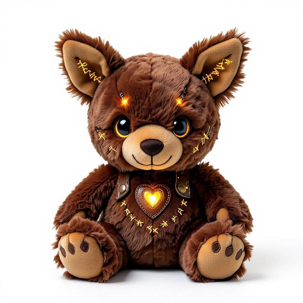 Ultra-realistic plush toy with brown fluffy fabric and high-detail stitching. Lifelike lighting on a white background. Full body shot, centered, front view. Unique design features asymmetrical ears, embroidered runes, stitched leather patches, glowing thread, gemstone eyes, and a stitched heart. Designed for collectors. Transparent background appearance.