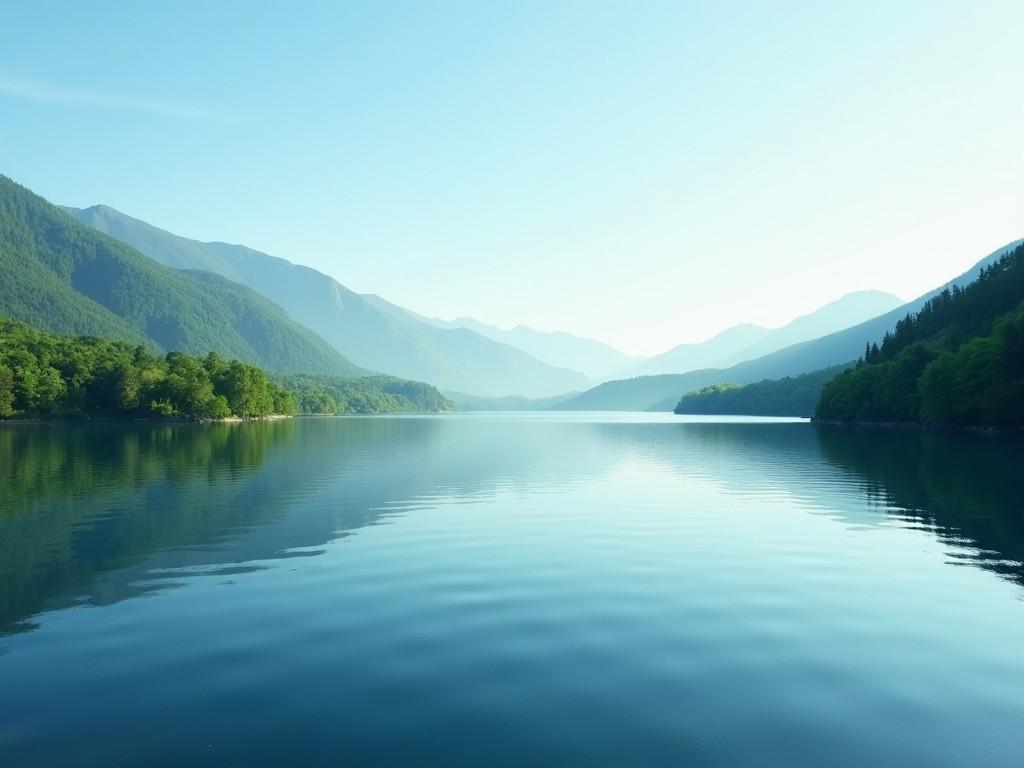 a tranquil lake surrounded by lush green forests and distant mountains under a clear blue sky