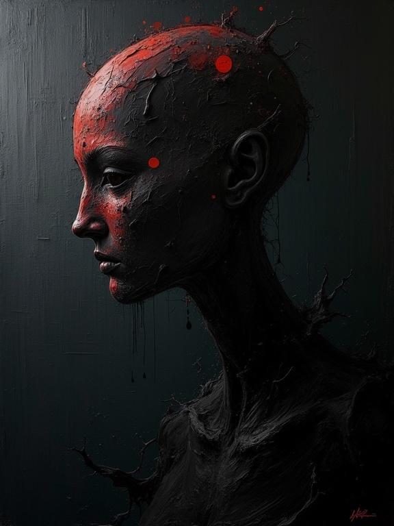 Digital oil painting on a black background. The work features an abstract silhouette design. The use of harsh paint strokes creates a unique texture. Elements appear unfinished and absurdist. Flat colors create formless shifting voids. Shadows are layered with visual noise.