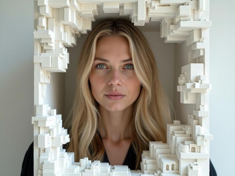 Portrait of a beautiful blonde woman in her early thirties framed by an intricate white architectural sculpture. Focus on the relationship between the artist and her creation, symbolizing inner vision and external structure.