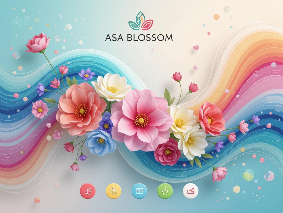 Beautiful flower arrangement with long wavy lines in the background. Flowers appear to float in a magical and surreal way. The colors are vivid and create a dreamlike atmosphere. The logo 'ASA BLOSSOM' is at the top. Seven buttons are at the bottom.