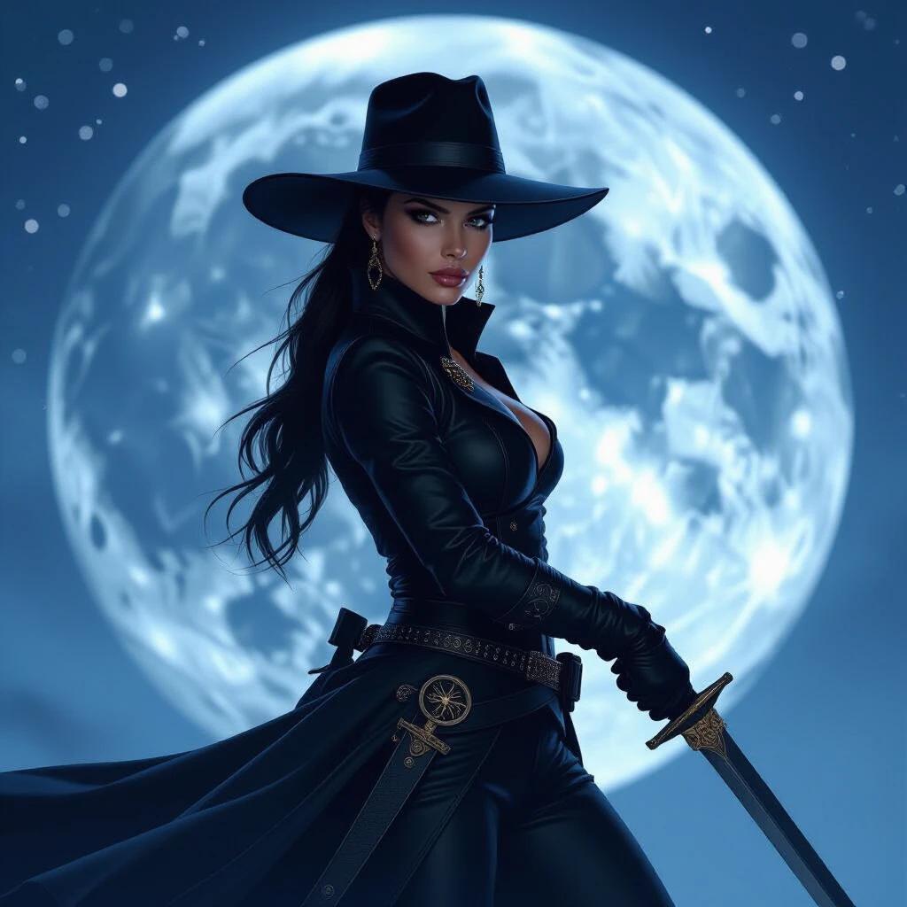 Female character dressed as Zorro stands confidently with a sword. Moonlight illuminates the scene creating a dramatic atmosphere.