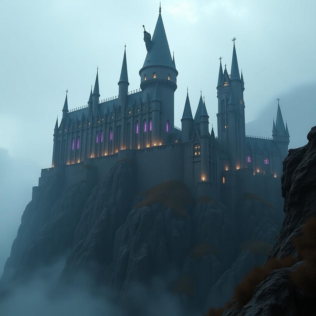 Massive gothic castle complex with colossal black stone walls. Features multiple towering spires and flying buttresses. Hundreds of stained glass windows in purple and gold. Perched atop sheer mountain cliffs. Sprawling defensive walls and watchtowers. Contains intricate dragon-themed architectural details. Dramatic scale with a misty atmosphere. Low-angle perspective for emphasized size. Dark fantasy style with ultra detailed features.