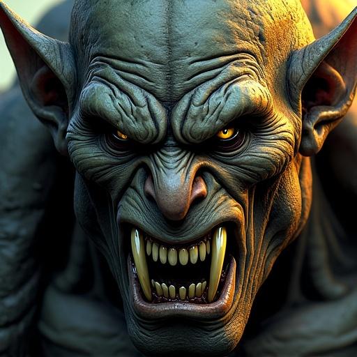 Highly detailed close-up of a male orc with yellow eyes and huge fangs. Expression shows ferocity. Features include deep wrinkles and smooth shading. Soft lighting enhances details. Represents comic book style.