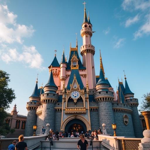 Disneyland castle seen from a ground level view. The castle is adorned with towers, spires, and intricate architectural details. The sky is bright and blue, with soft clouds. Visitors are seen at the entrance. The scenery is vibrant and inviting.